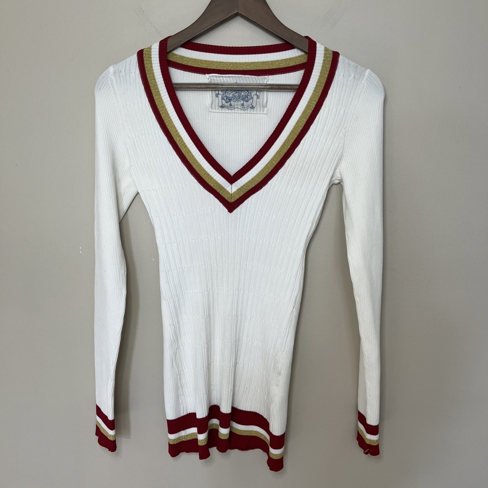 VTG Y2K Guess Jeans Ribbed Sweater Women White Red Gold Deep V Varsity Preppy - Picture 2 of 9